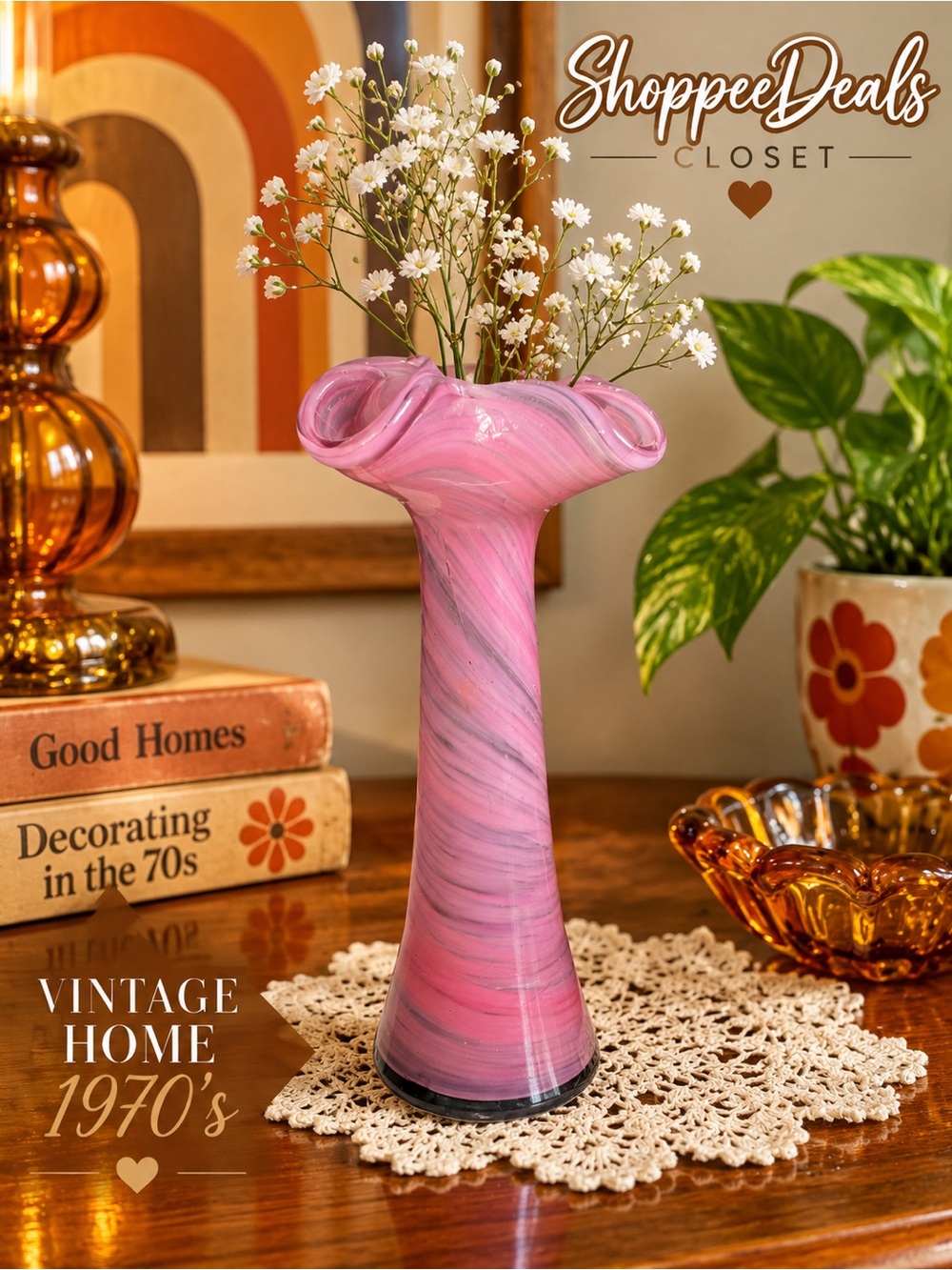 Vintage Hand-Blown Pink & Purple Swirl Bud Vase | Ruffled Rim MCM
